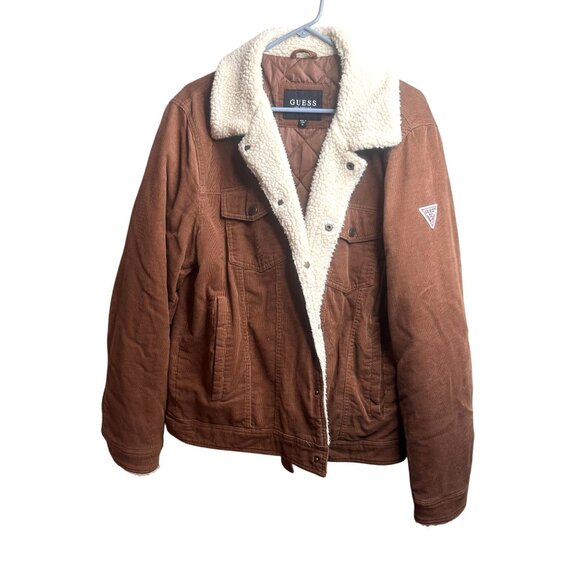 Guess Cord Sherpa Trucker Jacket Utility Brown Button Down Men Size XL - Picture 1 of 16